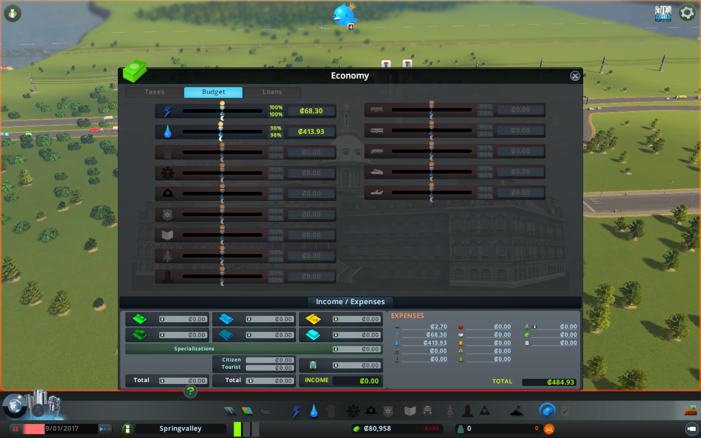 Cities Skylines bütçe paneli